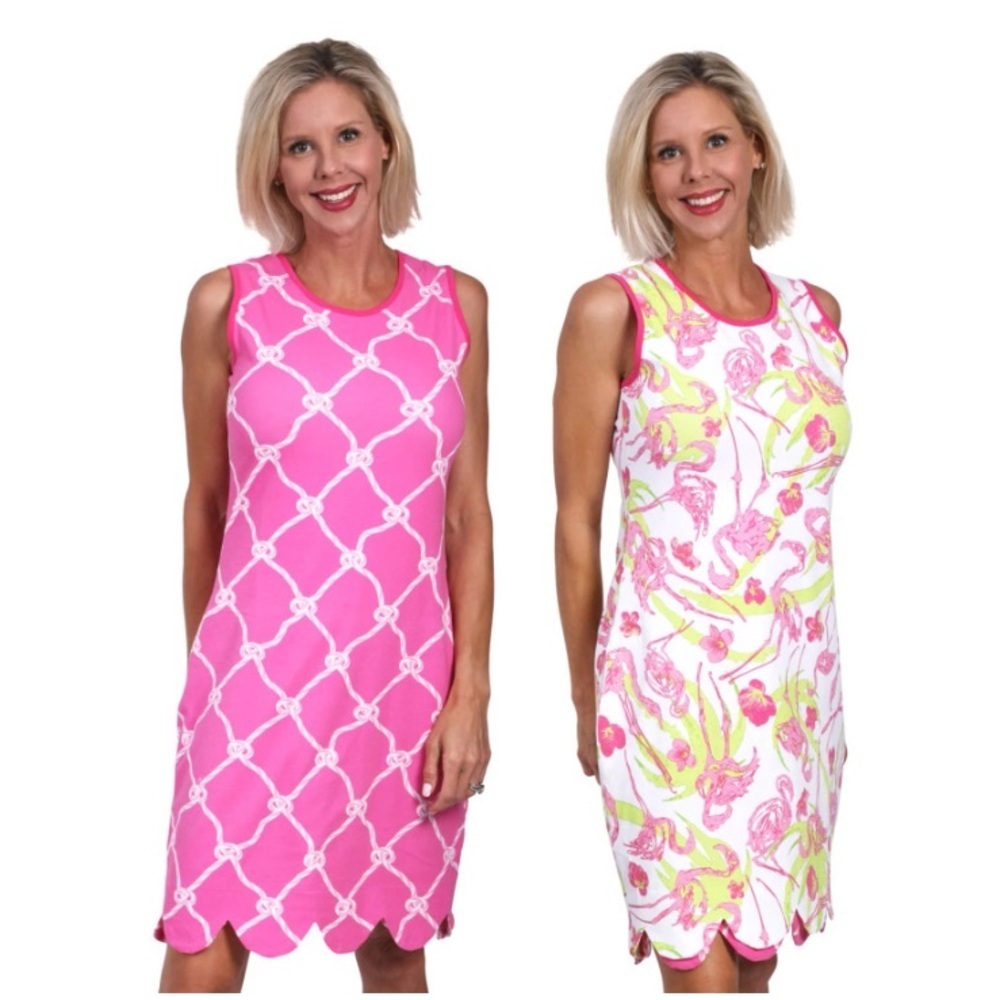ANACLARE Dress Reversible Kiki Flamingo Trellis Pattern Pink White Green XS NWT